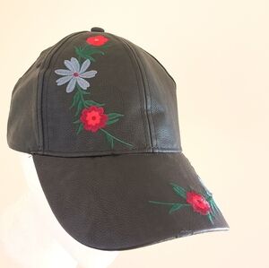 NWOT Vegan Leather Baseball Cap Floral Embroidery Hat OS Black